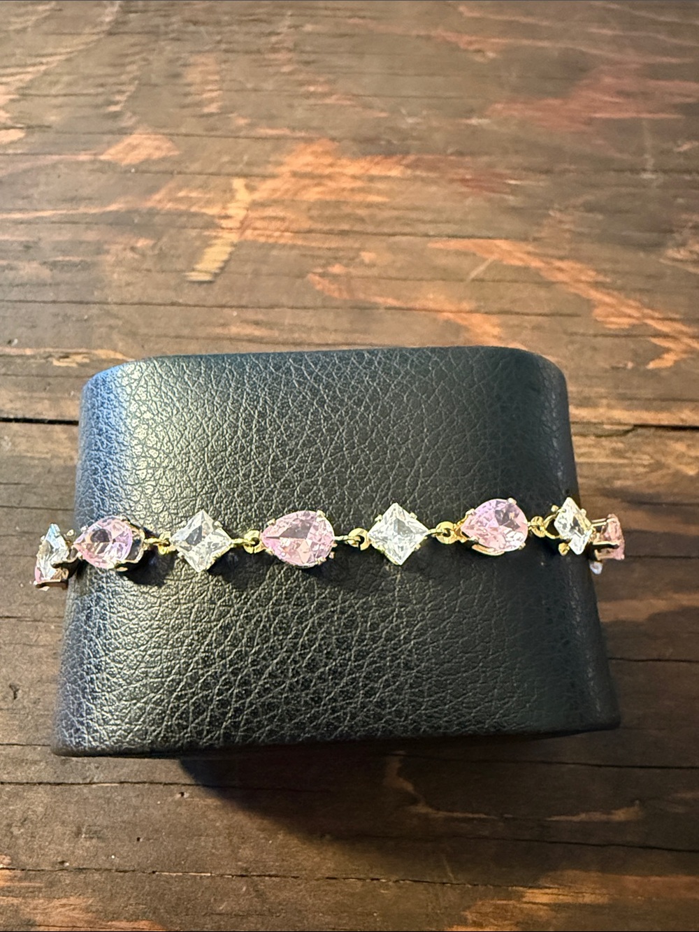 Gold Plated Elegant Pink and Clear Crystal Teardrop Tennis Bracelet